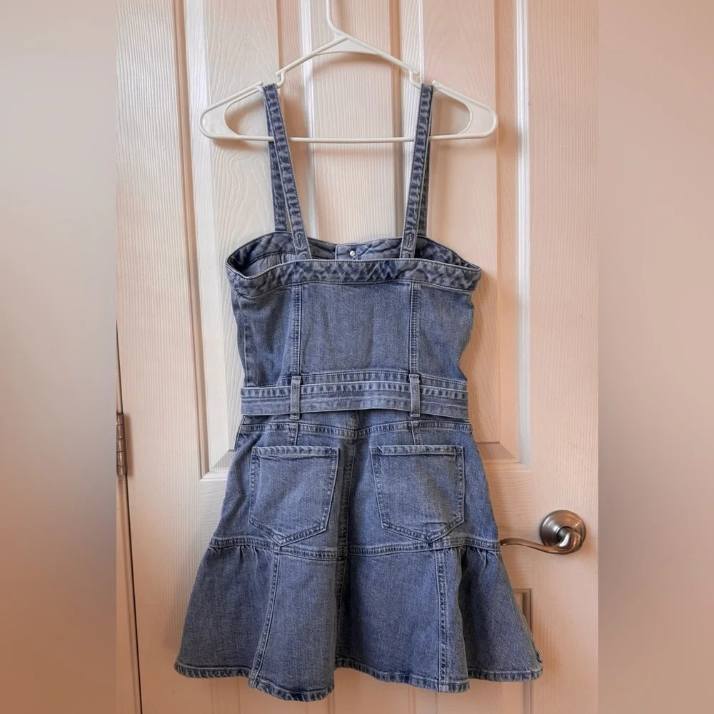 7 for all Mankind Surplus Flounce Denim Mini Dress with Adjustable Straps XS - Picture 6 of 10